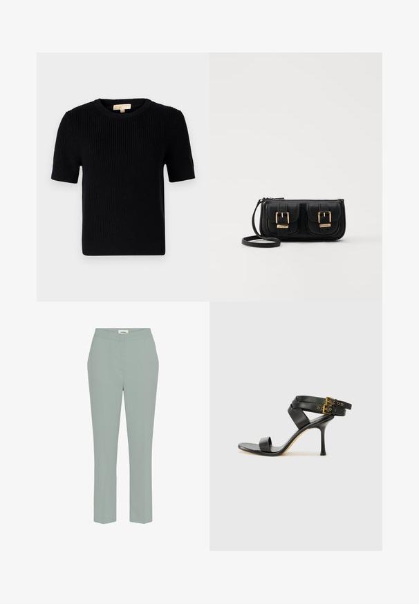 Čierny pletený sveter s krátkym rukávom a okrúhlym výstrihom. Má rebrovanú textúru a rovný strih spodného okraja. Nálepka na vnútornej strane goliera.; Svetlozelené nohavice rovného strihu s hladkým povrchom a stredne vysokým pásom, s minimálnym prešívaním a bez viditeľných vreciek.; Čierne sandále na podpätku s prekríženými popruhmi a nastaviteľnou prackou. Majú hladkú textúru a zúžený stiletto podpätok.; Čierna kožená crossbody taška s dvoma prednými vreckami, zlatými sponami, zipsovým uzatváraním a úzkym popruhom. Štruktúrovaný povrch a kompaktný obdĺžnikový tvar.