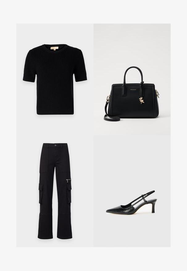 Svart stickad kortärmad tröja med rund halsringning. Har en ribbad textur och en rak fåll. Etikett på insidan av kragen.; MAX&Co. REGIO - Cargobyxor - black; Svart lackskin slingback-häl med spetsig tå, med texturerad ormskinnsprint, justerbar rem och en kort, texturerad blockklack.; Svart läderhandväska med strukturerad design, dubbla handtag ovanpå, avtagbar axelrem, guldfärgade detaljer och en logocharm som accent.