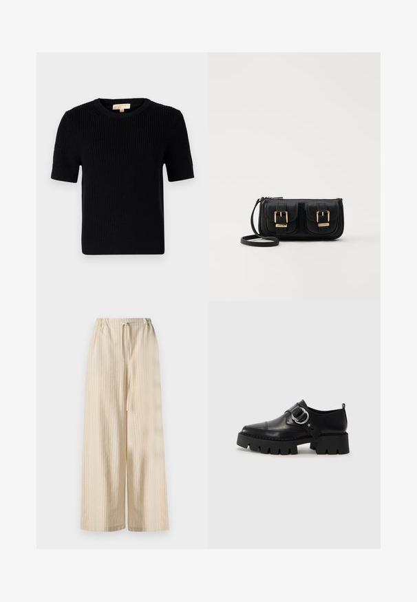 Zwarte gebreide korte mouwen trui met een ronde halslijn. Beschikt over een geribbelde textuur en een rechte zoom. Etiket op de binnenkant van de kraag.; Licht beige wijde broek van zachte stof, met verticale strepen en een elastische tailleband met een trekkoord detail.; Zwarte leren schoenen met een robuuste, geribbelde zool, voorzien van een ronde zilveren hardwareaccent en minimale stikdetails.; Zwarte leren schoudertas met twee vo pockets, gouden gespen, ritsluiting en een smalle band. Tekstuur oppervlak en compacte rechthoekige vorm.