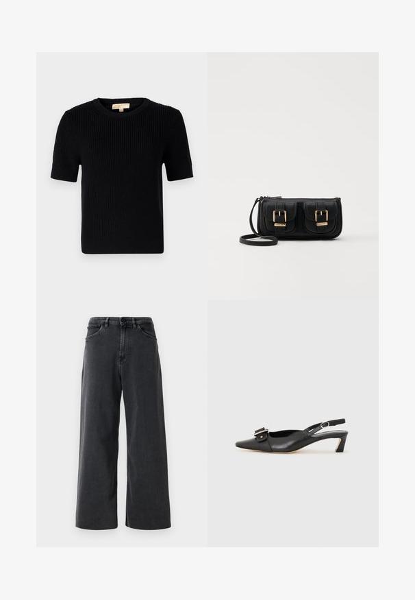 Čierny pletený sveter s krátkym rukávom a okrúhlym výstrihom. Má rebrovanú textúru a rovný strih spodného okraja. Nálepka na vnútornej strane goliera.; Čierne široké denimové džínsy s predným gombíkom a zipsom, pútka na opasok a predné vrecká na bielom pozadí.; Čierne kožené sandále s úzkym prstom, malým opätkom a dekoratívnou sponou na vrchnej časti. Hladká textúra, minimalistický dizajn.; Čierna kožená crossbody taška s dvoma prednými vreckami, zlatými sponami, zipsovým uzatváraním a úzkym popruhom. Štruktúrovaný povrch a kompaktný obdĺžnikový tvar.