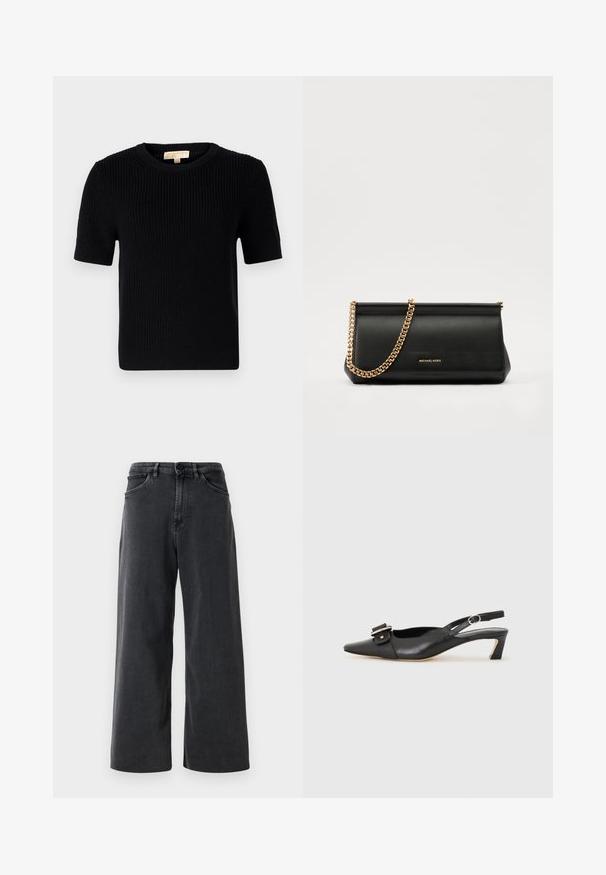 Black knitted short-sleeve sweater with a round neckline. Features a ribbed texture and a straight-cut hemline. Label on the inside collar.; Black wide-leg denim jeans with front button and zipper, belt loops, and front pockets on a plain white background.; Black leather slingback shoe with pointed toe, small heel, and decorative buckle detail on the upper. Smooth texture, minimalistic design.; Black leather clutch bag with a gold chain strap, featuring a smooth texture, rectangular shape, and embossed branding on the front.
