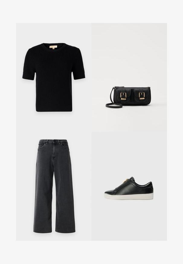 Svart strikket kortermet genser med rund halsutskjæring. Har ribbestruktur og rett avslutning. Etikett på innsiden av kragen.; Sorte vide benbukser i denim med knapp og glidelås foran, beltehemper, og frontlommer på en enkel hvit bakgrunn.; Sorte lær slip-on sko med en forhøjet søm, sølvhardware detaljer på overdelen og en hvid gummisko med præget branding.; Svart skinn crossbody veske med to frontlommer, gyldne spenner, glidelåslukking og en slank stropp. Teksturert overflate og kompakt rektangulær form.