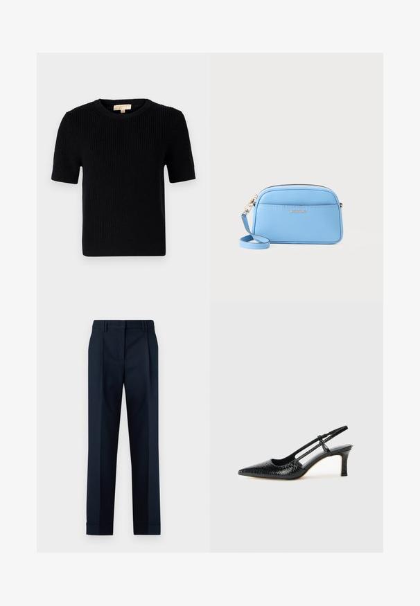 Schwarzer, gestrickter Pullover mit kurzen Ärmeln und rundem Halsausschnitt. Verfügt über eine gerippte Textur und einen gerade geschnittenen Saum. Etikett im inneren Kragen.; Marineblaue, taillierte Hose mit glatter Textur, flachem Bund, doppelten Falten und Umschlägen am Knöchel.; Schwarze Lack-Slingback-Pumps mit spitzem Zehenbereich, versehen mit strukturiertem Schlangenprint, verstellbarem Riemen und einem kurzen, strukturierten Blockabsatz.; Hellblaues Leder-Crossbody-Bag mit goldfarbenen Beschlägen, Reißverschluss und einer Fronttasche. Verfügt über einen verstellbaren Riemen für zusätzlichen Komfort.