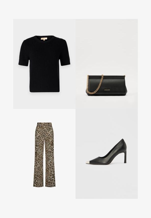 Juodas megztinis trumpomis rankovėmis su apvaliomis iškirptėmis. Siūlo gumbuotą tekstūrą ir tiesų apatinį kraštą. Etiketė vidinėje apykaklėje.; Bežinės ir rudos leopardų rašto plačių kojų kelnės su pakankamai švelnia tekstūra, aukštu juosmeniu ir dviem šoninėmis kišenėmis praktiškumui.; Juodas odinis aukštakulnis batelis su smailia nosimi ir metaliniu sidabriniu galiuku. Turi lygų paviršių ir ploną 10 cm kulną.; Juodas odinis delninukas su auksine grandine, turintis lygų paviršių, stačiakampį išmatavimą ir įspaustą prekės ženklą priekyje.; Auksinės metalinės auskarų kabės su lenktą, pailgą forma. Turi lygų, blizgantį paviršių ir užapvalintą galiuką papildomam akcentui.