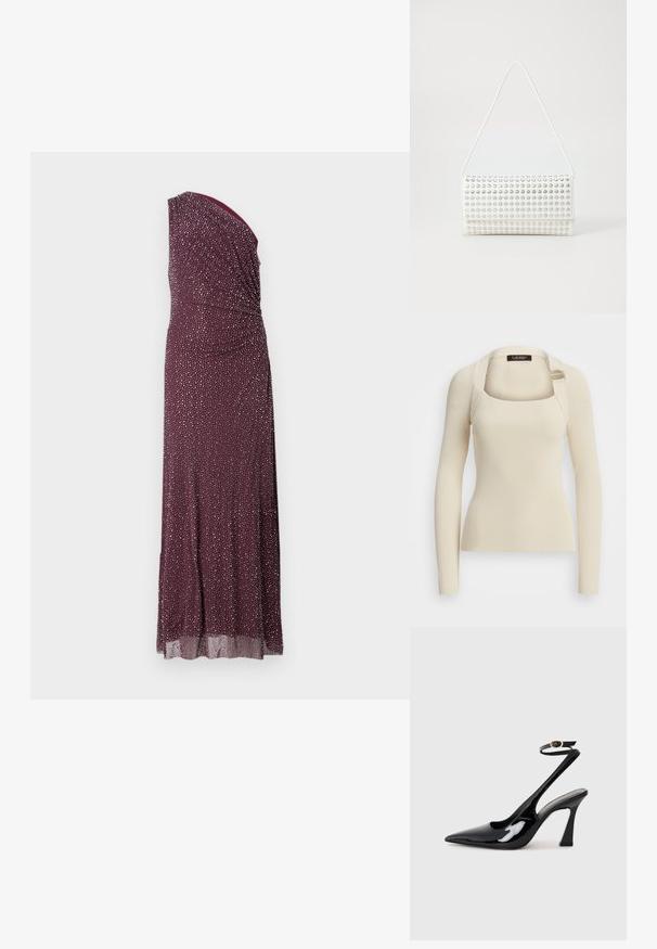 Kreminės spalvos gofruotos ilgomis rankovėmis mezginės bluzonėlės su kvadratine iškirpte ir reguliuojamomis sagtelėmis dešinėje petyje.; Vienetine su viena petneša, ilga iki žemės, tamsiai bordo spalvos su susiraukšlėjusių tekstūromis ir sidabro taškeliais, pagaminta iš lengvos, plazdančios medžiagos.; Juodai lakuoti slingback aukšti kulniukai su smailiu nosiu, reguliuojama čiurnos juostele ir vidutinio dydžio blokiniu kulnu. Lygus paviršius su blizgiu apdaila.; Balta rankinė su apvalia forma, turinti tekstūruotą paviršių su sidabro spuogais. Ji turi ploną peties diržą ir elegantišką uždarymą.