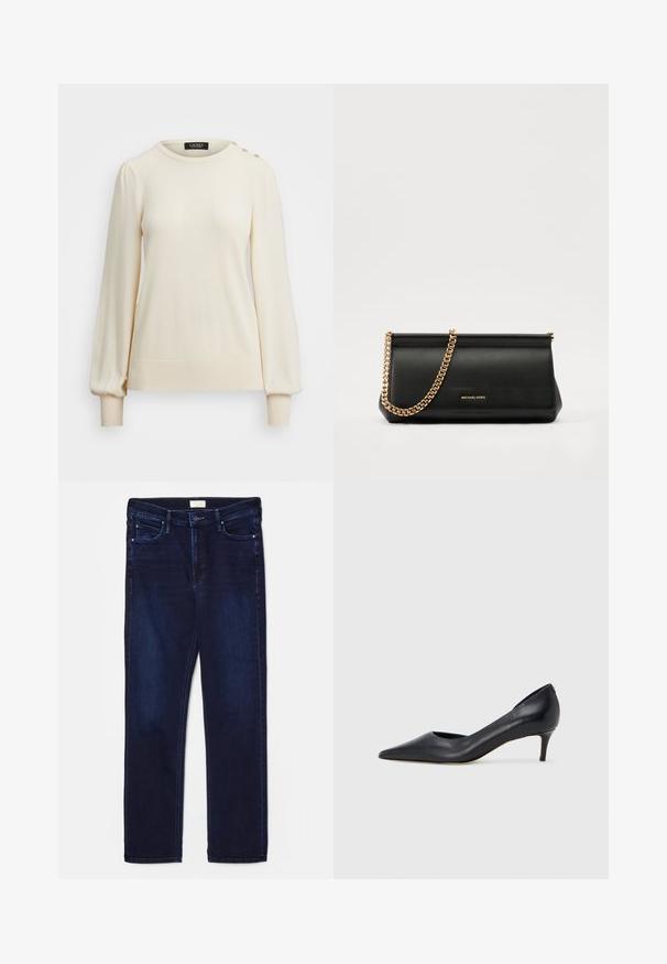 Kremfarget genser med lange, puffete ermer og rund hals. Har knapper på skulderen og ribbestrikket kant og mansjetter. Glatt tekstur.; Mørkeblå denimjeans med slim fit, fem-lommer design, stikninger og rett benklipp. Har knapp og glidelås lukking.; Sort lærpumps med spiss tupp og lav hæl. Har en jevn tekstur og subtil glans. Åpen utskjæring foran for ekstra detalj.; Svart skinnkuvertveske med en gullkjede-rem, med en glatt tekstur, rektangulær form og preget merkevare på forsiden.