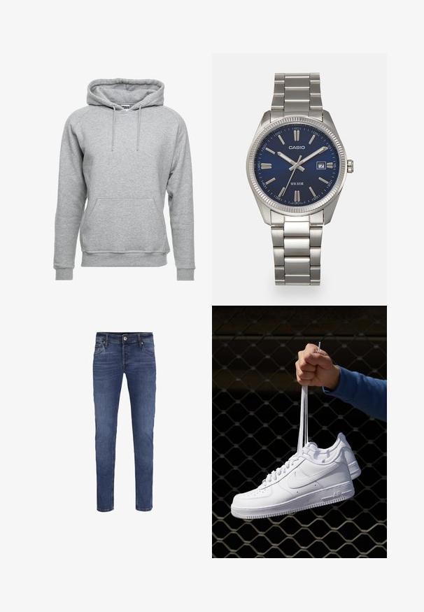 Sivá mikina z mäkkého bavlneného materiálu, so prednou kapsou, nastaviteľnými šnúrkami a rebrovanými manžetami a lemom.; Pánske slim fit modré džínsy s gombíkom a zipsom, predné a zadné vrecká a jemné detaily vyblednutia.; Biele kožené tenisky s perforáciami, okrúhlou špičkou, plochou podrážkou a hrubými šnúrkami, pričom majú viditeľné logo swoosh a nápis "AIR" na päte.; Strieborné nerezové hodinky s modrým ciferníkom, kovovými hodinovými značkami a dátumovým oknom na 3. hodine. Vodotesné do hĺbky 50 metrov.