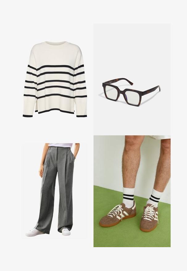 Bijela pletena pulover s crnim horizontalnim prugama, rebrasti manšeti i rub, opušteni kroj, okrugli izrez i bočne proreze na struku.; Sive prugaste hlače širokih nogavica s plisama, koje imaju mekanu teksturu i bočne džepove, uparene s bijelim tenisicama.; Smeđe nubuk tenisice s bijelim detaljima i vezicama. Gumeni potplat. Nosene s bijelim čarapama s crnim prugama. Zeleno teksturirano pod.; Kvadratne naočale s okvirom od acetata u boji kornjačevine i prozirnim staklima. Imaju široka uha i mat finiš, što povećava ukupnu izdržljivost.; Krem torba za rame u obliku polumjeseca, sa tankim remenom i suptilnim detaljem šavova. Minimalistički dizajn s akcentima od zlatnog tona.