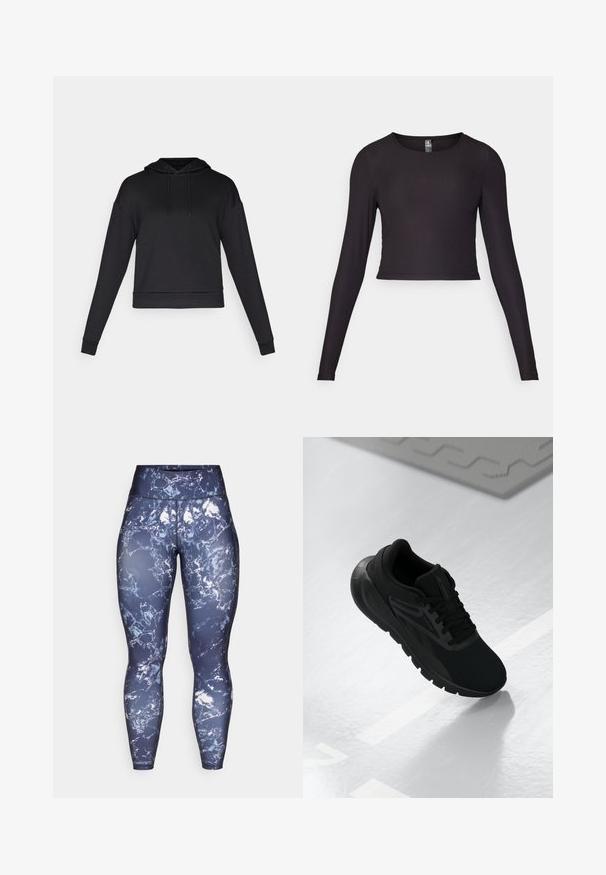 Crna dukserica s kapuljačom, napravljena od mekog materijala. Ima duge rukave, prednji dzep i rebrasti rub. Nema vidljivih uzoraka ili metalnih detalja.; Crna dugački rukav cropped majica izrađena od rebrastog materijala. Ima okrugli izrez i usku siluetu s teksturiranom površinom.; Morske aktivne tajice s mramornim uzorkom u bijeloj i svijetloplavoj boji, visokog struka, napravljene od rastezljivog, tkanog materijala otpornog na vlagu.; Crni sportski tenisice sa mrežastim gornjim dijelom, okruglim vrhom, podstavljenim potplatom i teksturiranim detaljima, postavljene na glatku bijelu površinu.