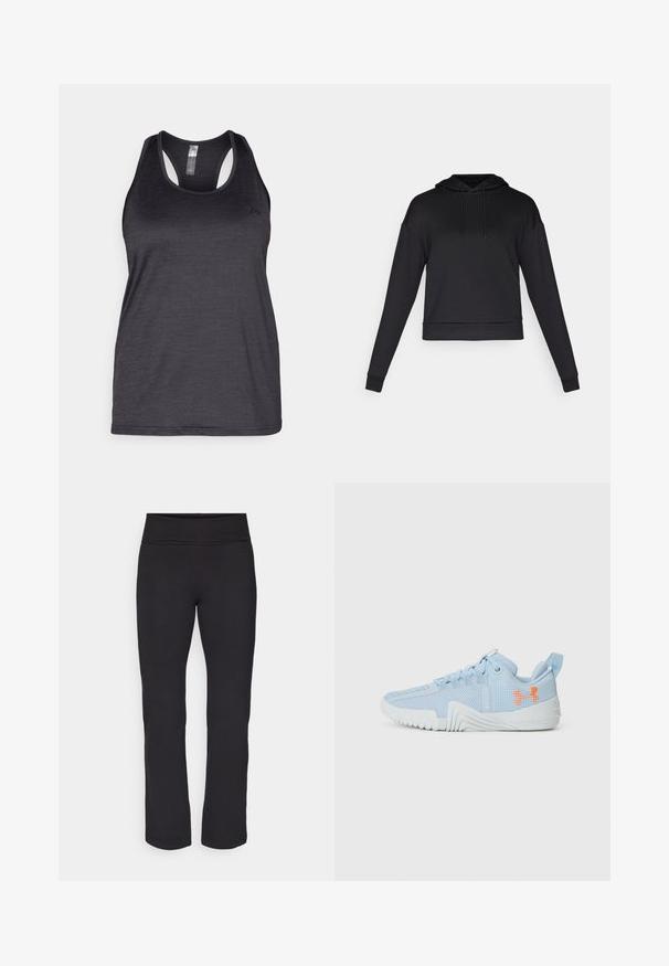 Čierna mikina s kapucňou, vyrobená z mäkkej tkaniny. Má dlhé rukávy, predné vrecko a rebrovaný lem. Bez viditeľných vzorov alebo kovania.; ONLY Play ONPCORE LIFE ON - Top - black; Čierne legíny s hladkým, elastickým materiálom a širokým pásom. Majú rovné, celkovou dĺžkou nohy a žiadne viditeľné vzory ani akcenty.; Svetlomodrá športová obuv vyrobená z sieťoviny s textúrovanou podrážkou, s oranžovým logom a šnurovacím dizajnom.