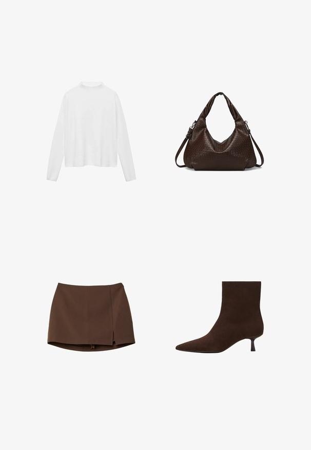 Bela dolga majica z dolgimi rokavi in visokim ovratnikom. Mehka tkanina, sproščen kroj in stranski razporki. Gladka tekstura brez vzorcev ali okraskov.; Rjava mini krilo iz gladkega blaga, z sprednjim razporkom, čistimi linijami in strukturirano prileganjem. Brez žepov ali izrazitih kovinskih detajlov.; Rjava semiš gležnjarja z ostrim sprednjim delom in tanko peto stiletta. Gladek površinski material, brezšivna zasnova in prefinjen silhuet.; Temno rjav usnjen torba za ramo z wove teksturo, ki ima dvojne ročaje in snemljiv nastavljiv ramenski trak.