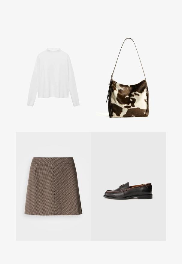 Vit långärmad topp med hög halsringning. Mjukt tyg, avslappnad passform och sidofickor. Slät textur utan mönster eller utsmyckningar.; Brun och svart hundtandmönstrad minikjol med rak passform och front sömdetalj på vit bakgrund.; Svarta läderloafers med en slät yta, rund tå och sömnadsdetaljer. Har en låg klack och en minimalistisk design.; Brun och krämfärgad ko-läder axelväska med ett slätt läderband, dragkedjestängning och en mjuk, texturerad yta med ett naturligt mönster.