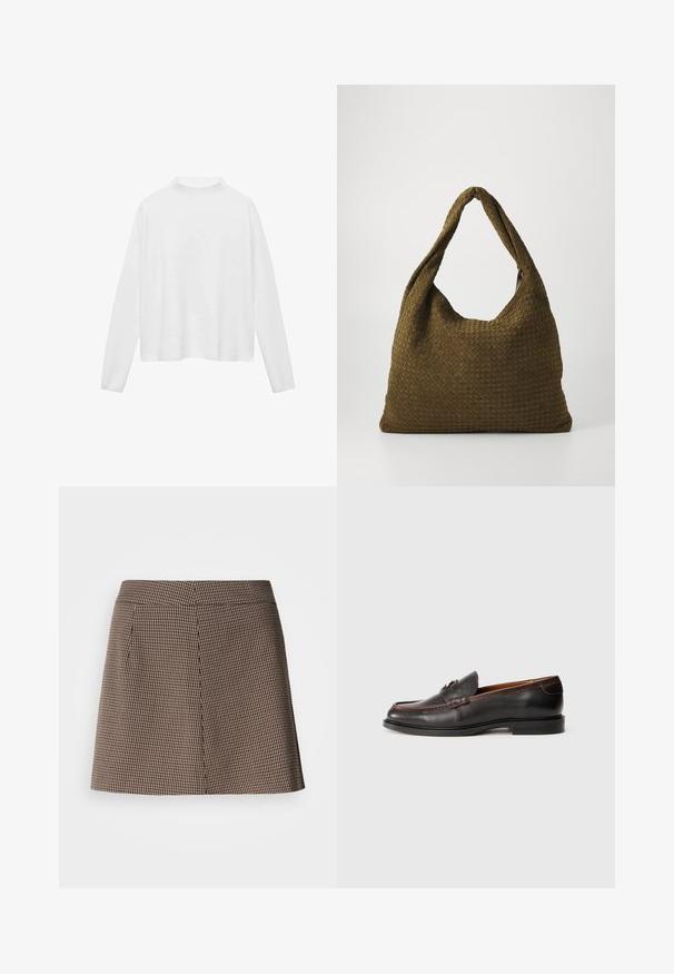 Weißes Langarmoberteil mit hohem Kragen. Weicher Stoff, lockere Passform und seitliche Schlitze. Glatte Textur ohne Muster oder Verzierungen.; Minirock im braun-schwarzen Hahnentrittmuster mit geradem Schnitt und vorderer Nahtdetails auf weißem Hintergrund.; Schwarze Lederloafers mit glatter Oberfläche, abgerundeter Spitze und gestickten Details. Verfügt über einen niedrigen Absatz und ein minimalistisches Design.; Gewebte Handtasche in Olivgrün mit einer geräumigen, runden Form und einem einzelnen, verlängerten Tragegriff. Strukturiere Oberfläche.