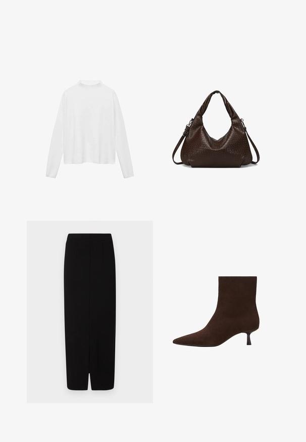 Maglietta bianca a maniche lunghe con colletto alto. Tessuto morbido, vestibilità rilassata e spacchi laterali. Texture liscia senza motivi o decorazioni.; Gonna nera a matita realizzata in tessuto liscio, caratterizzata da vita alta, due pince frontali e uno spacco all'orlo per facilitare i movimenti.; Stivaletto in camoscio marrone con punta appuntita e tacco sottile a gattino. Superficie liscia, design senza cuciture e silhouette sobria.; Borsa a spalla in pelle marrone scuro con texture intrecciata, dotata di doppi manici e di una tracolla staccabile e regolabile.