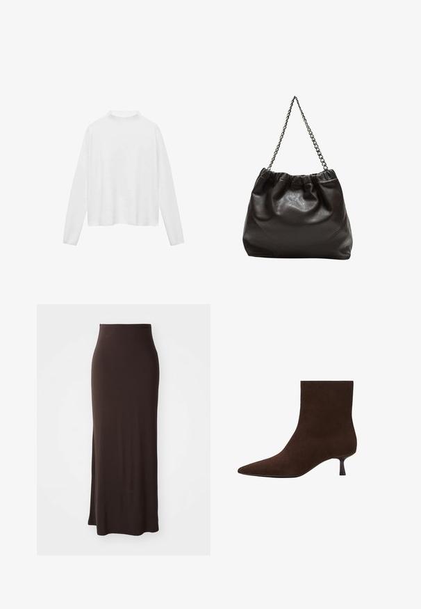Valkoinen pitkähihaista paita, jossa on korkea kaula-aukko. Pehmeä kangas, rento istuvuus ja sivuaukoja. Sujuva pinta ilman kuvioita tai koristuksia.; Pitkä, istuva ruskea hame, joka on valmistettu sileästä, joustavasta kankaasta. Hameessa on korkea vyötärö ja sivuräystäs, mikä luo tyylikkään siluetin.; Ruskeat mokkanahkaiset nilkkurit, joissa on terävä kärki ja hoikka kissankorkokorko. Sileä pinta, saumaton muotoilu ja hillitty siluetti.; Ruskea nahkainen laukku, jossa on kerätty yläosa ja ketjuhihna. Tasainen pinta, jossa kiiltävä viimeistely ja hienovaraiset sauman yksityiskohdat sivuilla.