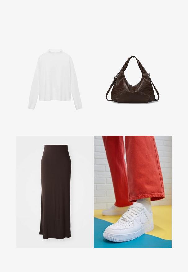 Biała góra na długim rękawie z wysokim dekoltem. Miękka tkanina, luźny krój oraz boczne rozcięcia. Gładka tekstura bez wzorów czy ozdób.; Długa, dopasowana brązowa spódnica z gładkiego, elastycznego materiału, z wysokim stanem i bocznym rozcięciem, zapewniająca smukłą sylwetkę.; Białe skórzane sneakersy z perforowanym czubkiem, teksturowaną podeszwą i białymi sznurowadłami, w połączeniu z szerokimi czerwonymi spodniami na niebiesko-żółtym tle.; Ciemnobrązowa skórzana torba na ramię o plecionej strukturze, z podwójnymi uchwytami i odczepianym, regulowanym paskiem na ramię.