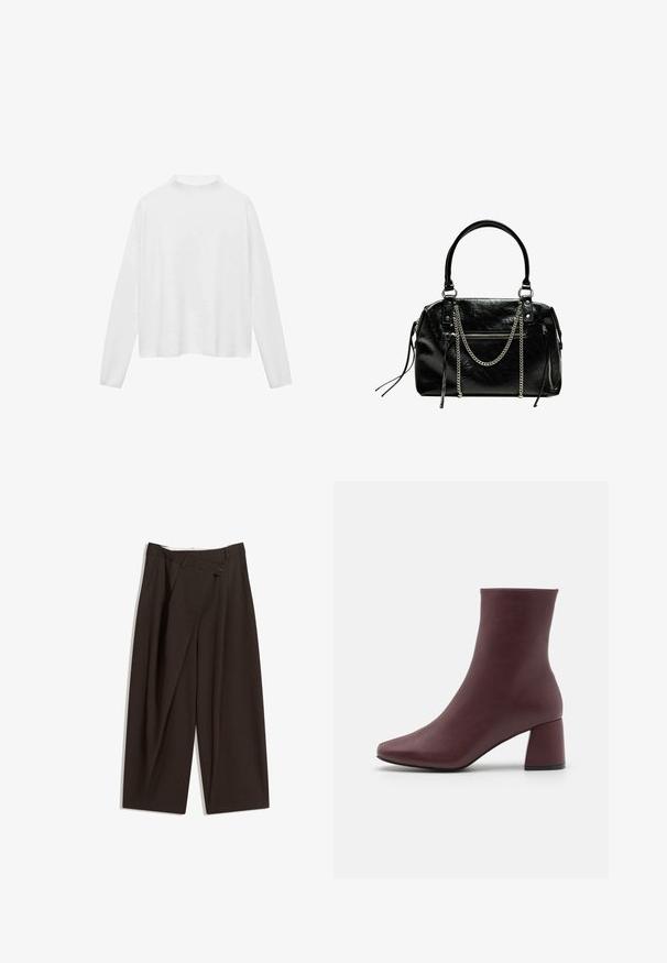 Witte langslavige top met een hoge hals. Zachte stof, relaxte pasvorm en zijsplitten. Glad oppervlak zonder patronen of versieringen.; Donkere bruin wijde broek met een hoge taille, voorzien van een enkele knoopsluiting en een geplooide voorkant. Gemaakt van lichtgewicht stof.; ONLY SHOES ONLBRIELLE - Enkelkaarsjes - dark red; Bershka WITH CHAIN - Handtas - black