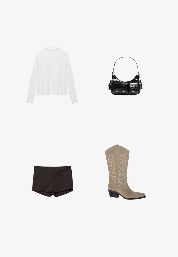 Bjela dugačka majica sa dugim rukavima i visokim dekolteom. Mekani materijal, opušteni kroj i bočni prorezi. Glatka tekstura bez uzoraka ili ukrasa.; Crne pamučne kratke hlače s prilagođenim dizajnom, s glatkom teksturom i dva prednja džepa. Srednji pojas i bez uočljivih uzoraka.; PULL&BEAR Kaubojske/motorističke čizme - taupe; Crna patentna kožna torba s zakrivljenim oblikom, jednim remenom za rame, prednjim džepovima i akcentima od srebrnog tona.