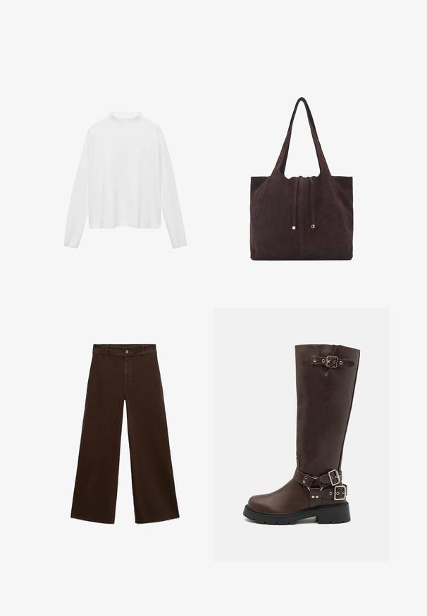 Weißes Langarmoberteil mit hohem Kragen. Weicher Stoff, lockere Passform und seitliche Schlitze. Glatte Textur ohne Muster oder Verzierungen.; Braune, weit geschnittene Hosen aus Baumwollmischung mit fransigem Saum, vorderem Knopfverschluss und klassischem Fünf-Taschen-Design. Minimalistisch und vielseitig.; RAID WESTINN - Plateaustiefel - brown; Mango Shopping Bag - dark brown