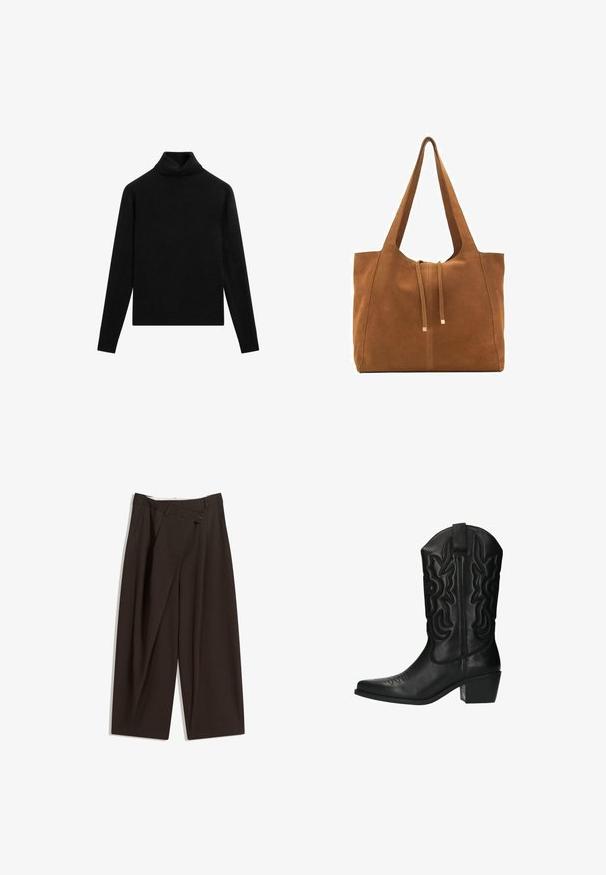 Maglione nero a collo alto con maniche lunghe, realizzato in materiale a maglia morbida. Presenta una silhouette aderente e un colletto a coste. Design semplice.; Pantaloni a gamba larga marrone scuro con vita alta, dotati di una chiusura con bottone singolo e una parte anteriore plissettata. Realizzati in tessuto leggero.; Stivale da cowboy in pelle nera con punta affusolata, cuciture decorative sul gambale e tacco basso a blocco. Presenta un manico per facilitarne l'indossamento.; Borsa a tracolla in suede marrone con due lunghe cinghie, chiusura con cordoncino e design minimalista. Texture liscia e senza elementi hardware visibili.