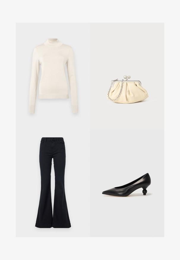 Maglione a collo alto color crema realizzato in morbido tessuto a maglia, con maniche lunghe e dettagli a coste al collo e ai polsini.; AG Jeans TROPEA HIGH RISE - Jeans bootcut - black; Scarpa con tacco alto in pelle nera, con punta affilata e tacco arrotondato e bombato. Texture liscia con un design elegante e minimalista.; Clutch in pelle beige plissettata con una struttura in metallo argento, dotata di due chiusure decorative rotonde e una tracolla in catena argentata.