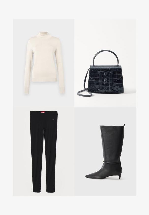 Krémový rolák vyrobený z měkkého pleteného materiálu, s dlouhými rukávy a žebrovanými detaily na krku a manžetách.; Černé legíny vyrobené z hladkého materiálu, s vysokým pasem a jemným logem v přední části. Legíny mají úzký, přiléhavý střih.; Černé kožené kozačky ke kolenům s špičatou špičkou, zdobené kulatým páskem kolem kotníku a nízkým, zužujícím se podpatkem. Hladký povrch.; Černá kabelka z krokodýlí kůže s embosovaným vzorem, strukturovaným designem, horním uchycením, nastavitelným popruhem a výrazným logem na přední straně.