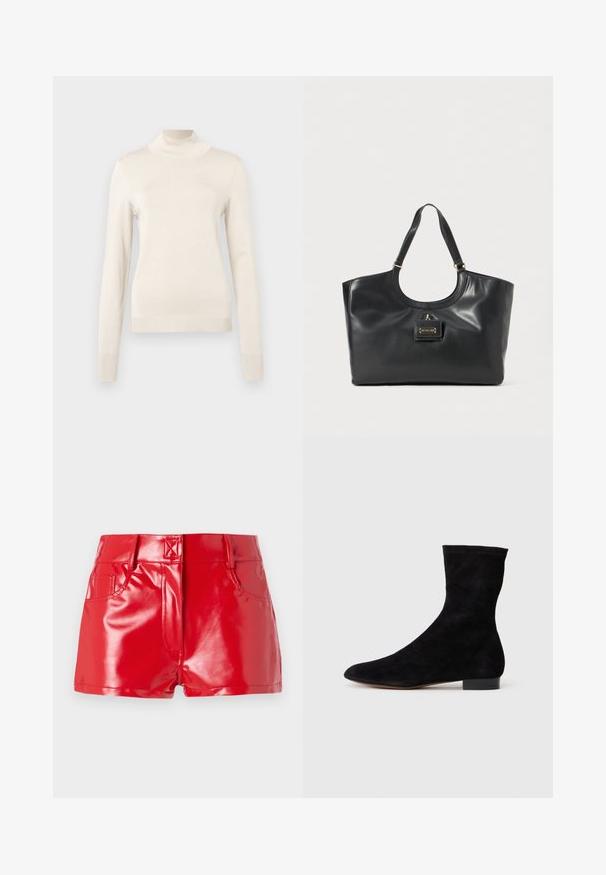 Pulover pe gât de culoare crem, fabricat dintr-un material tricotat moale, cu mâneci lungi și detalii ribbed la gât și la manșete.; Pantaloni scurți roșii din piele ecologică cu un finisaj lucios, având talie înaltă, buzunare frontale și detalii cusute. Design structurat, ajustat.; Cizme scurte din suede negre, cu un știft ajustat, vârful ascuțit și un toc mic, pătrat. Textură netedă și design minimalist, potrivite pentru un stil versatil.; Geanta tote din piele neagră cu un finisaj lucios, parte superioară curbată, două bretele pentru umăr și un accent de hardware de nuanță aurie pe față.