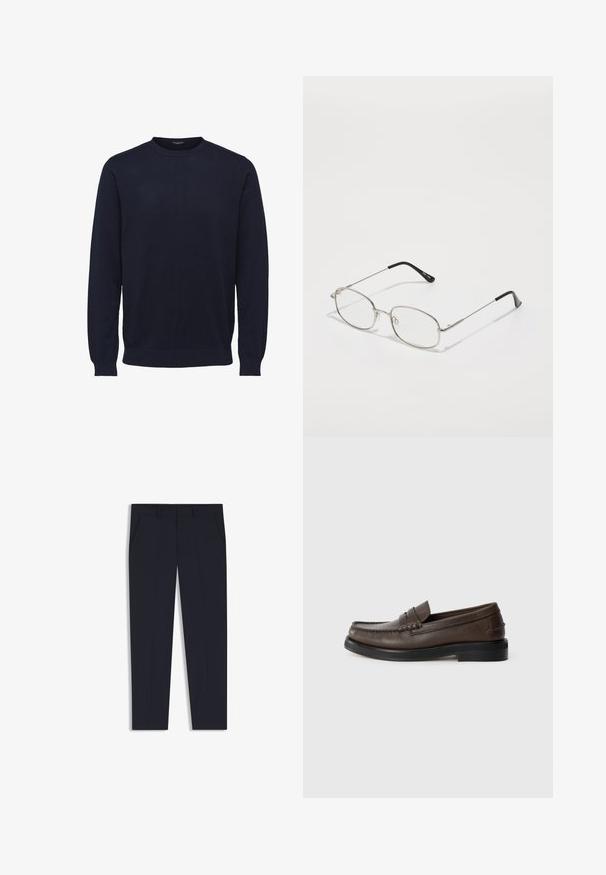 Tmavě modrý svetr s dlouhým rukávem a kulatým výstřihem, vyrobený z měkkého materiálu. Má žebrované manžety a lem pro přiléhavý vzhled.; Námořnické kalhoty s upraveným střihem, které mají dvě přední kapsy, plochý přední design a hladkou strukturu. Žádné viditelné vzory ani ozdoby.; Kožená hnědá mokasína s prošitým detailem na špičce, plochou podrážkou a nízkým vrstevnatým podpatkem. Hladká textura s minimalistickými designovými prvky.; Kovové brýle s oválným rámem, stříbrnými rámečky a čirými skly. Úzké, rovné nožičky s černými špičkami, minimalistický design.; Černá messenger taška vyrobená z hladkého materiálu, s překlopným víkem, stříbrnými sponkami a nastavitelným ramenním popruhem.