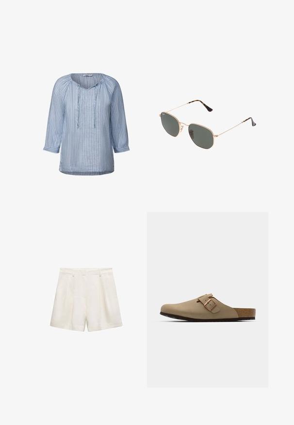 Cremefarvet strikket ærmeløs sweater med V-hals, udstyret med kabelmønstre og et lille blåt logo på venstre side.; Lysblå linnedbluse med hvide lodrette striber, V-hals, trekvartærmer og snøre detaljer ved halsudskæringen. Glat tekstur.; Hvide shorts lavet af et glat stof, med en plisseret design, sidelommer, og en kant der falder lige over knæet.; Beige klipklapper med rund tå, justerbar spænde og korksål. Tekstureret overflade med en sort gummisål for godt greb.; Guldmetallisk brille med mørkegrønne linser, aviator-stil, med slanke arme og skildpadde-mønstrede detaljer på spidserne.
