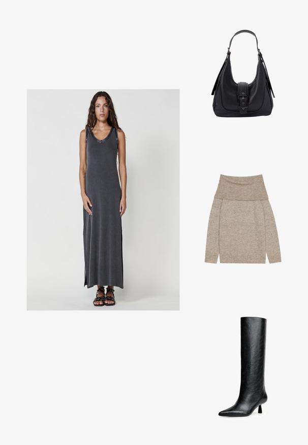 Maglione lavorato a maglia color marrone chiaro con un ampio colletto ripiegato. Presenta maniche lunghe e polsini a costine. Texture morbida, design semplice.; Vestito lungo senza maniche di un grigio scuro, con una texture a coste, dotato di scollo a barchetta e spacchi laterali, abbinato a sandali neri con cinturini.; Stivale nero al ginocchio realizzato in pelle testurizzata. Caratterizzato da una punta affilata e un tacco piccolo e svasato. Design elegante e liscia con accentuazioni minime.; Borsa a tracolla nera in pelle con finitura texturizzata, una tracolla larga e una chiusura a linguetta con una fibbia rettangolare e dettagli metallici.