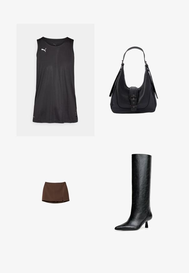 Světle hnědý pletený svetr s širokým, překládaným límcem. Obsahuje dlouhé rukávy a žebrované manžety. Měkká textura, jednoduchý design.; Černý sportovní tank top bez rukávů vyrobený z hladké látky s kulatým výstřihem a bílým logem na levé horní straně.; Hnědá sukně vyrobená z hladké tkaniny, s rovním střihem a bočním rozparkem. Jednoduchý design bez vzorů nebo kovových detailů.; Černá kozačka po kolena vyrobená z texturované kůže. Má špičatou špičku a malý, rozšířený podpatek. Elegantní, hladký design s minimálními akcenty.; Černá kožená taška přes rameno s texturovaným povrchem, širokým popruhem a uzavíráním na zacvaknutí s obdélníkovou sponou a kovovými akcenty.