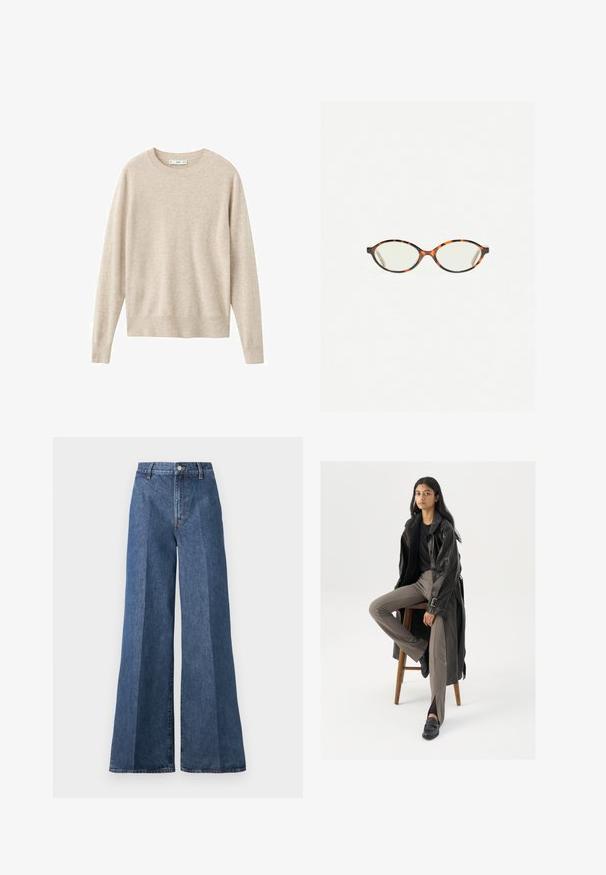 Bežový sveter vyrobený z mäkkého materiálu, s okrúhlym výstrihom a dlhými rukávmi. Jednoduchý dizajn bez vzorov alebo ozdôb.; Džínsy s širokými nohavicami modrej farby s vysokým pásom, s klasickým päťpriestorovým štýlom a zapínaním na gombík, vyrobené z textúrovanej bavlnenej tkaniny.; Čierny kožený trenčkot s gombíkmi a detailom pásu, v kombinácii so svetlohnedými priliehavými nohavicami a čiernymi mokasínami, posadený na drevenej stoličke.; Korytnačkové okuliare s oválnymi šošovkami a hladkým, lesklým povrchom. Majú tenké strany s jemným zakrivením na spánkoch. Priehľadné šošovky.