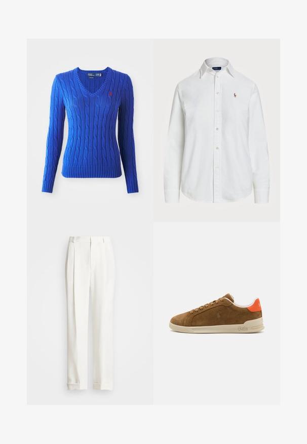 Suéter azul em malha com padrão de trançado, decote em V, mangas longas e bainha canelada. Apresenta um pequeno logótipo vermelho de polo no lado esquerdo do peito.; Camisa branca de botão, feita de algodão, com colarinho clássico, mangas longas e um pequeno logótipo bordado no peito. Tecido texturizado.; Calças brancas ajustadas com dois pregas frontais, corte reto e barras com dobra. Feitas de um tecido liso, apresentando um design clássico.; Sapatilha de camurça castanha com uma sola de borracha creme, apresentando detalhes laranja no calcanhar e um pequeno logótipo na lateral.