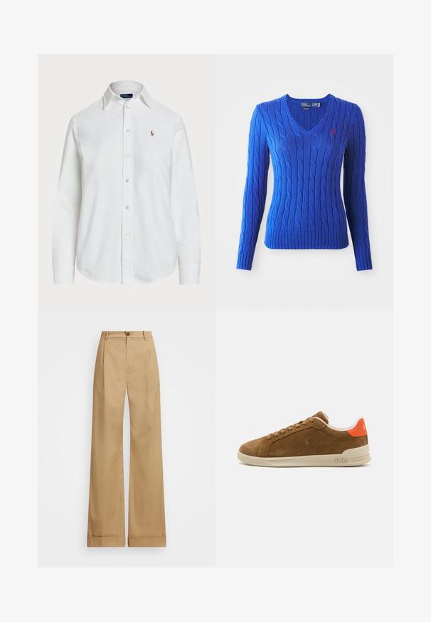 Sinine kaelusplaatidega sviiter V-kaelusega, pikkade varrukatega ja soonikuga äärisega. Vasakul rinnal on väike punane polo logo.; Valge puuvillane nööbiga särk klassikalise kraega, pikkade varrukatega ja väikese tikandiga/logoga rinnal. Tekstureeritud kangas.; Bežid laiad püksid nupuga sulgemisega, sileda tekstuuriga ja pressitud kortsudega. Hõlmade äärtega lisadetail.; Pruuni seemisneaker, millel on kreemjas kummitald, oranžid aktsendid kannas ja väike logo detail küljel.