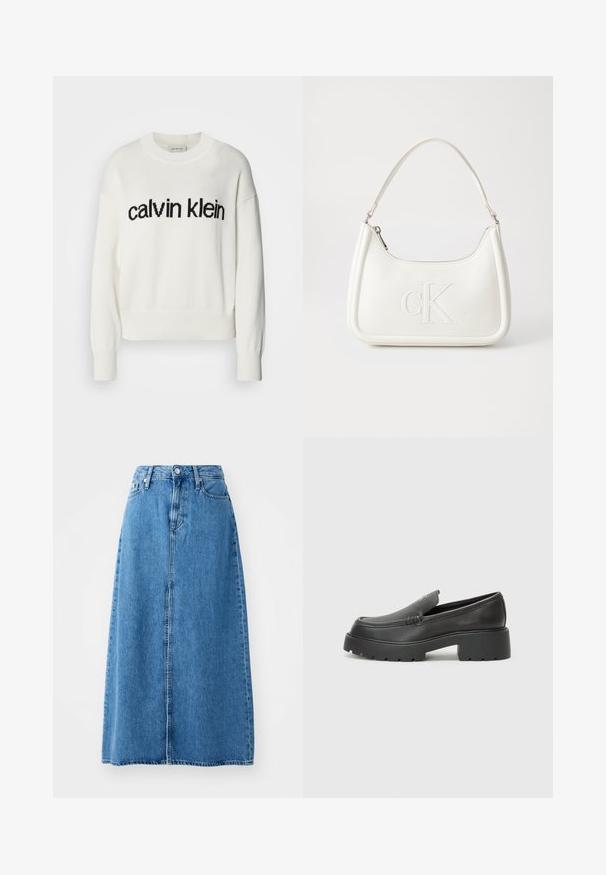 Fehér kötött pulóver kerek nyakkivágással és hosszú ujjakkal, fekete "calvin klein" logóval a mellrészen. Puha textúra, rövidített fazon.; Kék farmer maxi szoknya, elől gombos záródással, két zsebével és egyenes szabású, nyers szegéllyel. Klasszikus és sokoldalú.; Fekete bőr loafer cipők kerek orral, vastag, texturált talppal és minimális varrási részletekkel. Áramvonalas dizájn, látható fűzők vagy fém részek nélkül.; Fehér bőrtáska ívelt formájú, elöl feltűnő "CK" logóval, egyetlen vállpánttal. Cipzáras zárás a tetején.