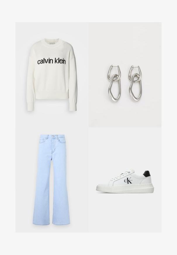 Valge kudum, millel on ümmargune kaelus ja pikad varrukad, ees must "calvin klein" logo. Pehme tekstuur, lühike lõige.; Heledad sinine paanega teksad kõrge vöökohaga, viie taskuga, nööbikäiga ja ühtlase denimi tekstuuriga. Äär on korralikult õmmeldud.; Valge madalate sokkidega jooksutoss, millel on must konts, platvormi tallad, paelad ja Calvin Kleini "CK" logo küljel.; Calvin Klein STATEMENT LINKS - Kõrvarõngad - silver-coloured