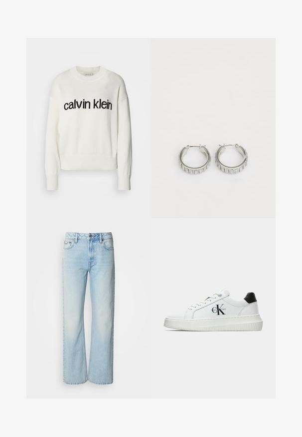 Pulover alb din tricot cu guler rotund și mâneci lungi, având un logo negru "calvin klein" pe piept. Textură moale, croială scurtă.; Jeans wide-leg de un albastru deschis, din denim, cu un design clasic cu cinci buzunare și o textură ușor decolorată. Cusăturile din denim sunt vizibile.; Adidași albi cu glezna joasă, cu tab-ul de călcâi negru, talpă platformă, șireturi și logo-ul "CK" de la Calvin Klein pe lateral.; Cercei din argint în formă de cerc cu un design texturat, ce prezintă striții verticale. Formă circulară cu un sistem de închidere sigur. Finisaj neted.