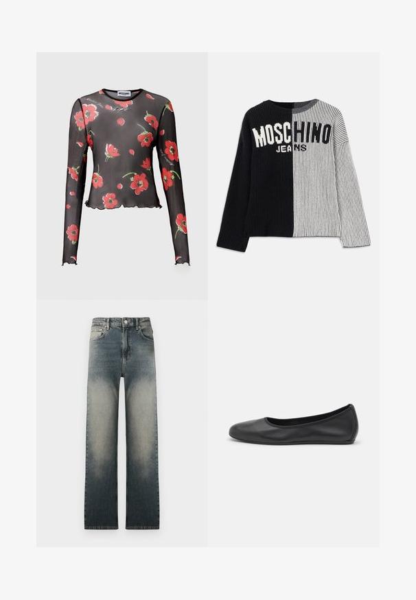 Megztinis su plyšiu juodos ir pilkos spalvos raukšlėmis, su užrašu „MOSCHINO JEANS“ ryškiu baltu tekstu per krūtinę. Apvalus iškirpimas.; Juodas permatomas ilgarankovis viršus su raudonais gėlėti raštais, banguota apdaila ir atspausdintu tekstu. Pagamintas iš lengvos, skaidrios medžiagos.; Aukštos juosmeniu tiesaus kirpimo džinsai su išblukusia šviesia ir tamsiai mėlyna džinsų skalbimo spalva bei klasikinio penkių kišenių dizainu.; Juodai odiniai baletai su apvaliu pirštu, lygi texture, minimalus siuvimo detales ir lanksčiu padų dizainu.