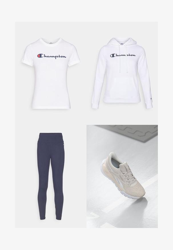 Biela mikina z bavlneného zloženia s predným vreckom a kapucňou so šnúrkou. Čierny „Champion“ logo potlačené na prednej strane. Mäkká textúra.; Biela bavlnená tričko s okrúhlym výstrihom a krátkymi rukávmi, zdobené námorníckou a červenou „Champion“ logom na hrudi.; Námornícky legíny s vysokým pásom, vyrobené z mäkkého a elastického materiálu. Majú hladkú textúru a dĺžku po členky.; Svetlo béžová atletická obuv s perforovaným zvrškom, textúrovanými akcentmi, polstrovaným golierom a bielou gumovou podrážkou, navrhnutá pre pohodlie a priedušnosť.