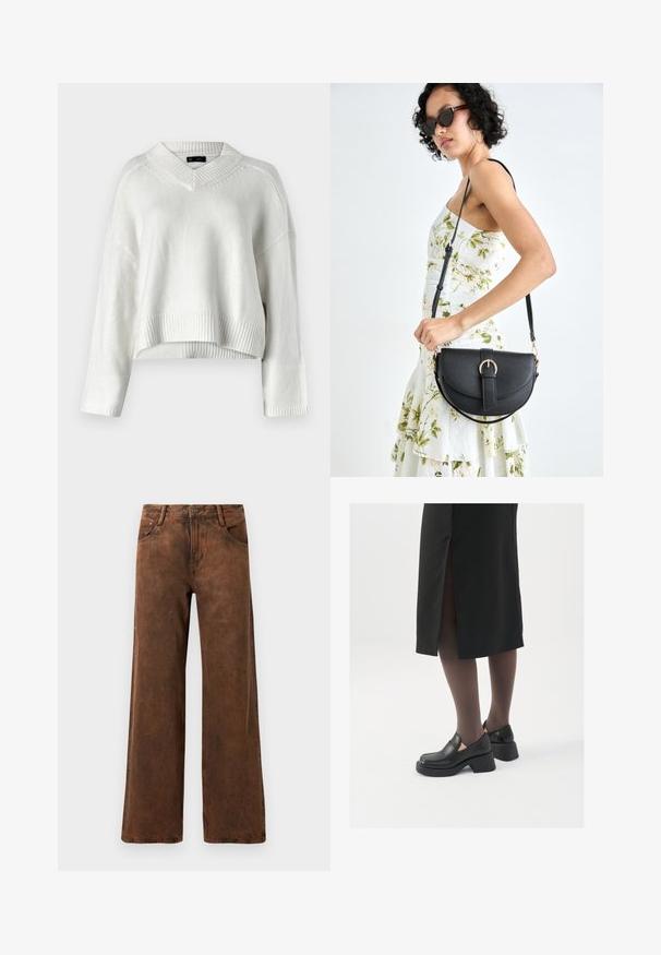 Sweater cropped branco com decote em V, bainha canelada e mangas longas. Feito de um material de malha texturizada e suave. Design simples e versátil.; Calças largas castanhas feitas de denim, com um acabamento texturizado, fecho de botão e zíper, e dois bolsos frontais.; Sapatos de couro pretos com bico arredondado, salto bloco grosso e detalhes elásticos laterais, combinados com meias escuras e uma saia preta com uma abertura.; Bolsa de couro preta com forma curva, alça destacável e detalhes em dourado. A bolsa possui uma aba com detalhe de fivela.