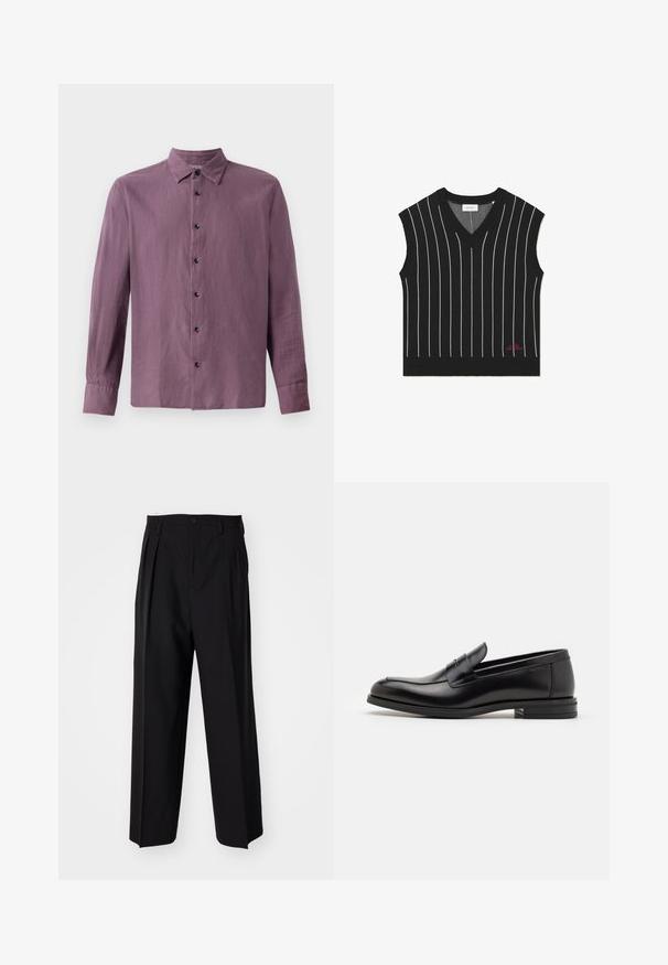 Zwarte mouwloze vest met verticale witte strepen, V-hals ontwerp, geribbelde textuur en rode logo-detail op de onderste zoom.; Langsleeve shirt in lichtpaarse stof, met een knoopsluiting aan de voorkant met zwarte knopen en een klassieke kraag. Gladde textuur, rechte snit.; Zwarte geplooide broeken met een rechte, brede pijpontwerp. Gemaakt van soepele stof, met een knoopsluiting en riemlussen.; Zwarte leren instappers met een gladde textuur, ronde neus en een decoratieve band over de wreef. Lage, gestapelde hak en minimalistisch ontwerp.