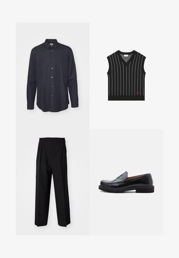 Colete preto sem mangas com riscas brancas verticais, design em V, textura canelada e detalhe do logótipo vermelho na bainha inferior.; Camisa azul escura de manga longa, com botões, feita de um tecido suave, apresentando um colarinho clássico e cinco botões frontais, com cores de botão contrastantes.; Calças pretas plissadas com um design reto e de perna larga. Feitas de um tecido liso, apresentam um fecho de botão e passantes para cinto.; Sapato tipo penny loafer em couro preto, com sola de borracha grossa e costura moc toe, apresentado em perfil sobre um fundo branco.