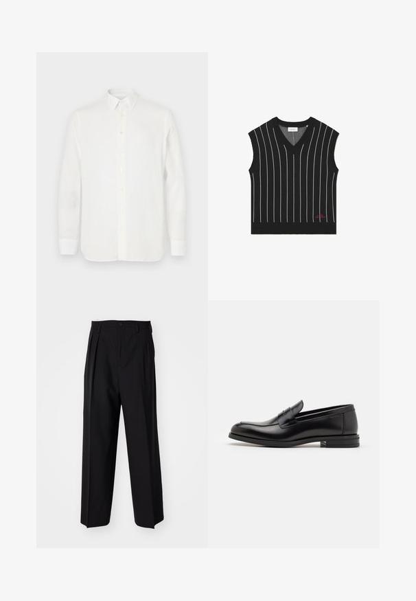 Czarna bezrękawnik z pionowymi białymi paskami, design w serek, ribbowa tekstura i czerwony detal z logo na dolnym obszyciu.; Biała koszula z długimi rękawami wykonana z lekkiego materiału, z klasycznym kołnierzykiem, zapięciem na guziki i prostym wykończeniem dołu. Gładka tekstura.; Czarne plisowane spodnie o prostym, szerokim kroju nogawek. Wykonane z gładkiego materiału, z zapięciem na guzik i pętelkami na pasek.; Czarne skórzane mokasyny o gładkiej fakturze, zaokrąglonym nosku i dekoracyjnym pasku na przodzie. Niski, warstwowy obcas, minimalistyczny design.