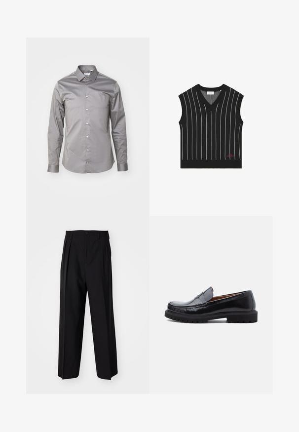 Melnas bez piedurknēm veste ar vertikālām baltām svītrām, V veida kakla izgriezumu, ribotu tekstūru un sarkanu logo detaļu apakšmalā.; Tiger of Sweden FILBRODIE - Formāls krekls - pavement; Melnas plisētās bikses ar taisnu, plata kāja dizainu. Izgatavotas no gludas auduma, ar pogu aizdari un jostas cilpiņām.; Melna ādas peni loafer kurpe ar masīvu gumijas zoli un moc toe šuvēm, parādīta profilā uz baltas fona.