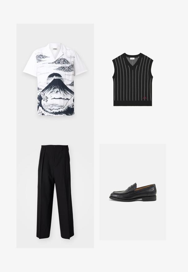 Svart utenermed vest med vertikale hvite striper, V-halsdesign, ribbestruktur og rød logodetalj på nedre kant.; Kortermet hvit skjorte med et svart Mount Fuji-illustrasjon med skyer og bølger. Laget av lett stoff med en avslappet passform.; Sorte plissert bukser med en rett, bred benform. Laget av glatt stoff, med knappelukking og beltehemper.; Sorte lær loafers med en glat overflade, rund tå og dekorativ syning på forfoden. Lav stablet hæl og let glans.