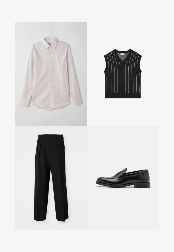 Vesta neagră fără mâneci, cu dungi verticale albe, decupaj în V, textură ribată și detaliu de logo roșu pe marginea de jos.; Cămașă roz deschis cu mâneci lungi, cu guler răspândit, dungi verticale și întreținere rotunjită. Are butoane bej și o textură netedă.; Pantaloni negri plisat cu un design drept și pantaloni largi. Construiți dintr-un material neted, prevăzuți cu închidere cu nasture și bucle pentru curea.; Mocasini din piele neagră cu o textură netedă, vârf rotund și o curea decorativă peste partea superioară. Toc mic, design minimalist.
