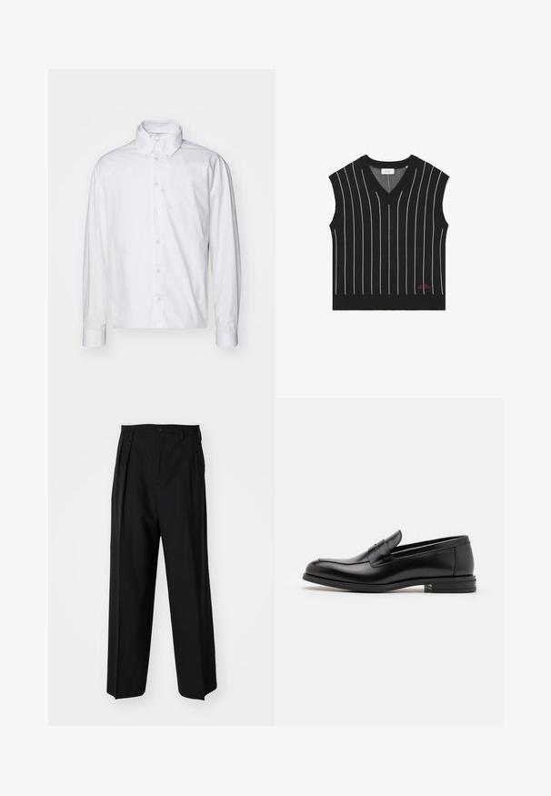 Zwarte mouwloze vest met verticale witte strepen, V-hals ontwerp, geribbelde textuur en rode logo-detail op de onderste zoom.; Witte lange mouwen blouse van katoen. Heeft een klassieke kraag, sluiting met knopen aan de voorkant en opgerolde manchetten met een gladde textuur.; Zwarte geplooide broeken met een rechte, brede pijpontwerp. Gemaakt van soepele stof, met een knoopsluiting en riemlussen.; Zwarte leren instappers met een gladde textuur, ronde neus en een decoratieve band over de wreef. Lage, gestapelde hak en minimalistisch ontwerp.