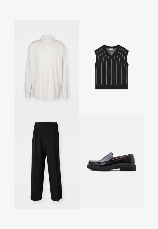 Črna brezrokavna jopica z navpičnimi belimi črtami, zasnova v obliki črke V, rebrasta tekstura in rdeč logotip na spodnjem robu.; Svetlo bež srajca s gumbom, izdelana iz bombaža, z klasikim ovratnikom, dolgimi rokavi in eno žepom na prsih. Gladka tekstura.; Črne nabirane hlače s ravnim, širokim krojem. Narejene so iz gladkega materiala in imajo zadrgo ter pasne zanke.; Črne usnjene penny loferice z debelim gumijastim podplatom in moc toe šivom, prikazane v profilu na beli podlagi.