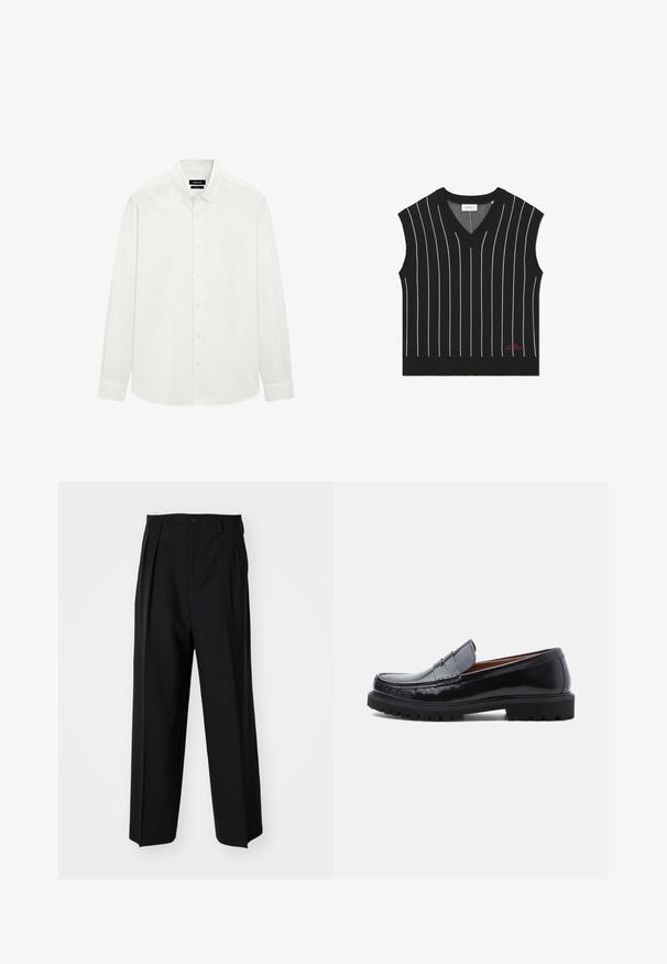 Gilet sans manches noir avec des rayures blanches verticales, décolleté en V, texture côtelée, et détail du logo rouge en bas de l'ourlet.; Chemise blanche à manches longues, à boutons, avec col boutonné et poignets classiques, présentée à plat sur un fond blanc.; Pantalons plissés noirs avec un design droit et large. Fabriqués en tissu lisse, avec une fermeture à bouton et des passants de ceinture.; Mocassin penny en cuir noir avec semelle en caoutchouc épaisse et couture moc toe, montré de profil sur un fond blanc.