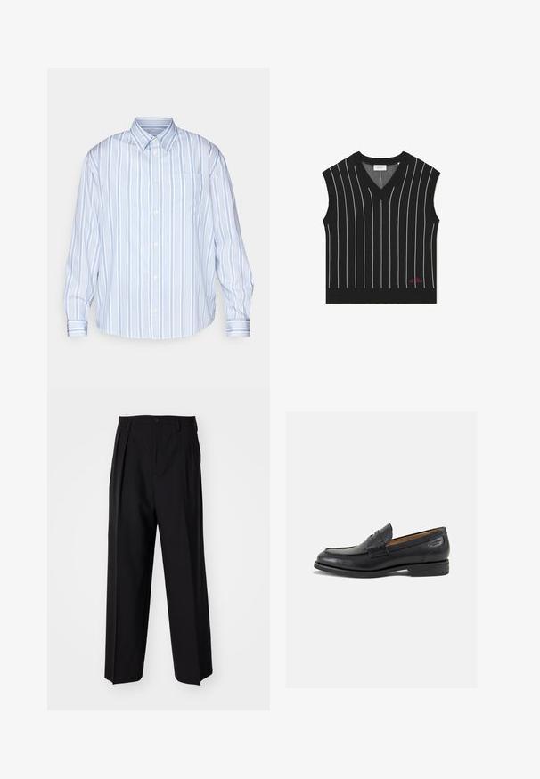 Vesta neagră fără mâneci, cu dungi verticale albe, decupaj în V, textură ribată și detaliu de logo roșu pe marginea de jos.; Cămașă cu dungi albastre și albe, cu mâneci lungi, guler cu butoane, un buzunar pe piept și închidere cu butoane pe față și la manșete.; Pantaloni negri plisat cu un design drept și pantaloni largi. Construiți dintr-un material neted, prevăzuți cu închidere cu nasture și bucle pentru curea.; Mocasini din piele neagră cu o finisare netedă, vârf rotund și cusături decorative pe partea superioară. Toc mic și stivuit, cu o ușoară strălucire.